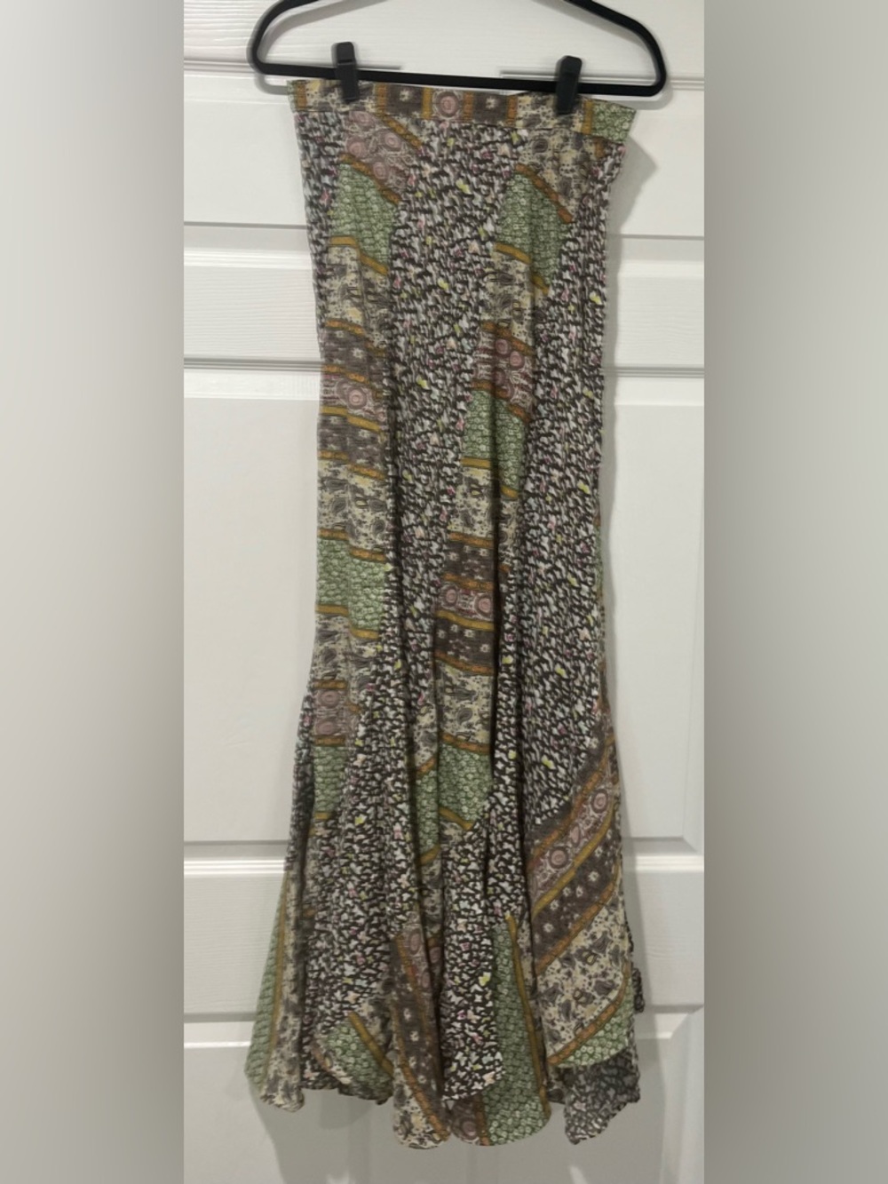 Karen Zambos Patchwork Maxi Skirt in Olive, Brown and Cream